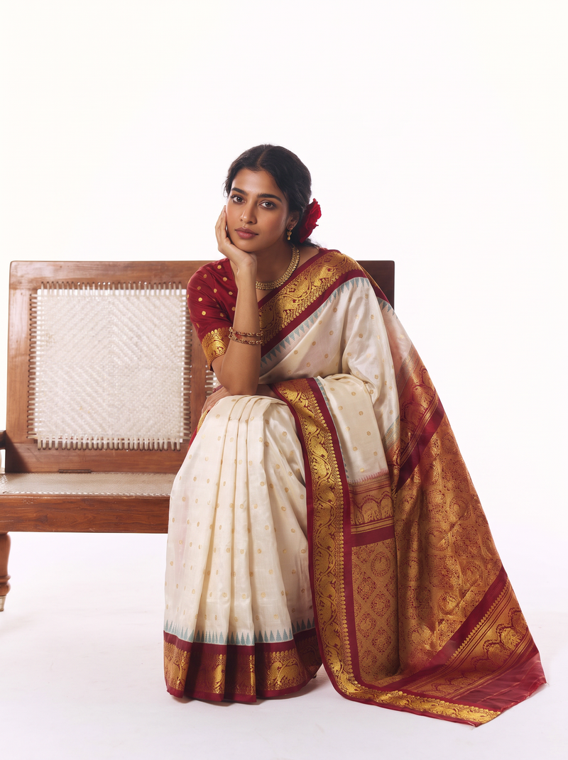 Soft cream scattered with gold, meeting rich maroon where zari elephants march through a golden jaal. Handloom Gadwal silk.