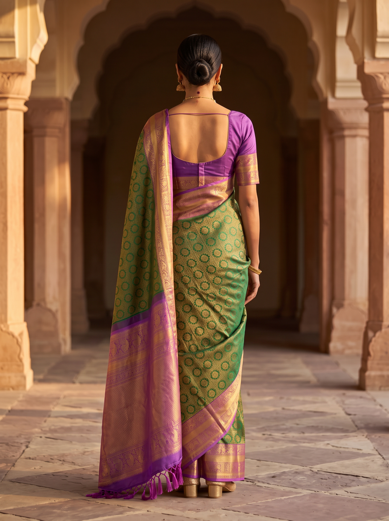 Pure Handloom Brocade Korvai Kanjibharam Silk from Kanchipuram - Green with Purple