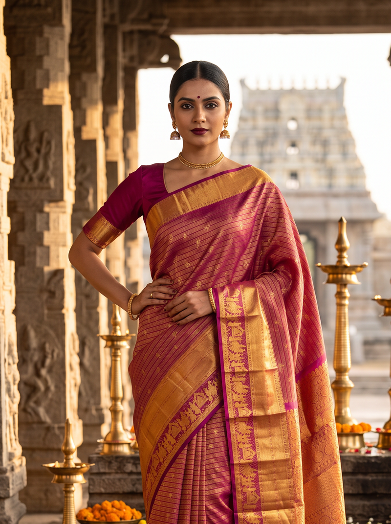 Pure Handloom Korvai Kanjivaram, Wedding Procession Border, Brocade Pallu and Body - Maroon with Gold