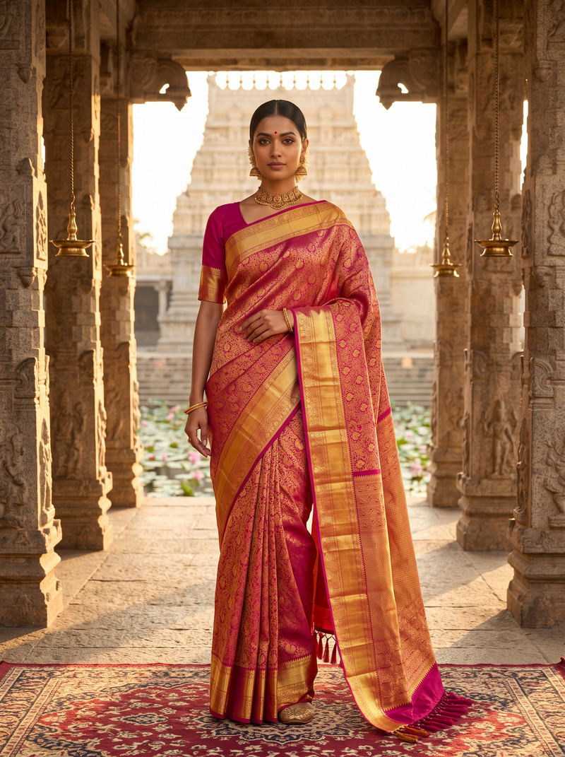 Pure Handloom Kanjivaram Silk, All-Over Brocade, Straight from Kanchipuram - Maroon with Gold