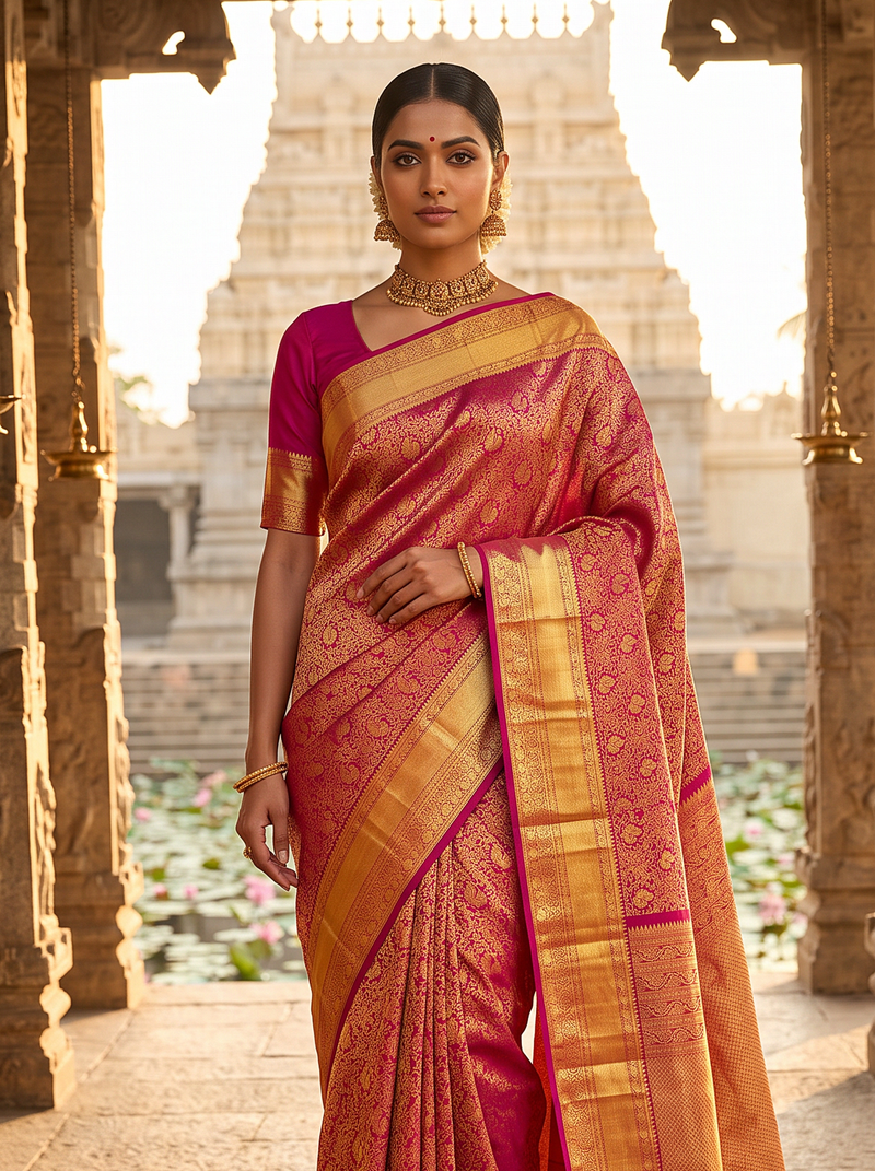 Pure Handloom Kanjivaram Silk, All-Over Brocade, Straight from Kanchipuram - Maroon with Gold