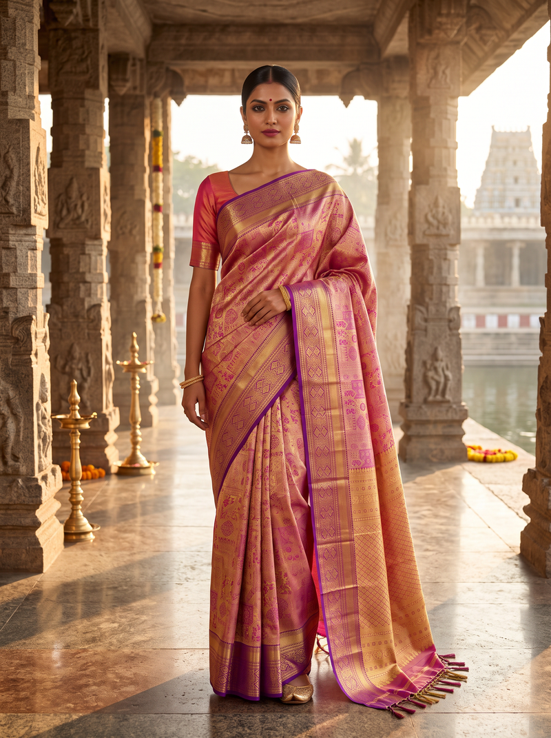 Pure Handloom Kanjivaram Silk, All-over Golden Zari Brocade, Straight from Kanchipuram - Magenta