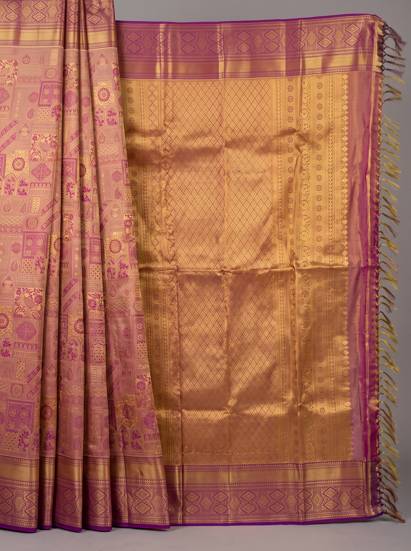 Pure Handloom Kanjivaram Silk, All-over Golden Zari Brocade, Straight from Kanchipuram - Magenta