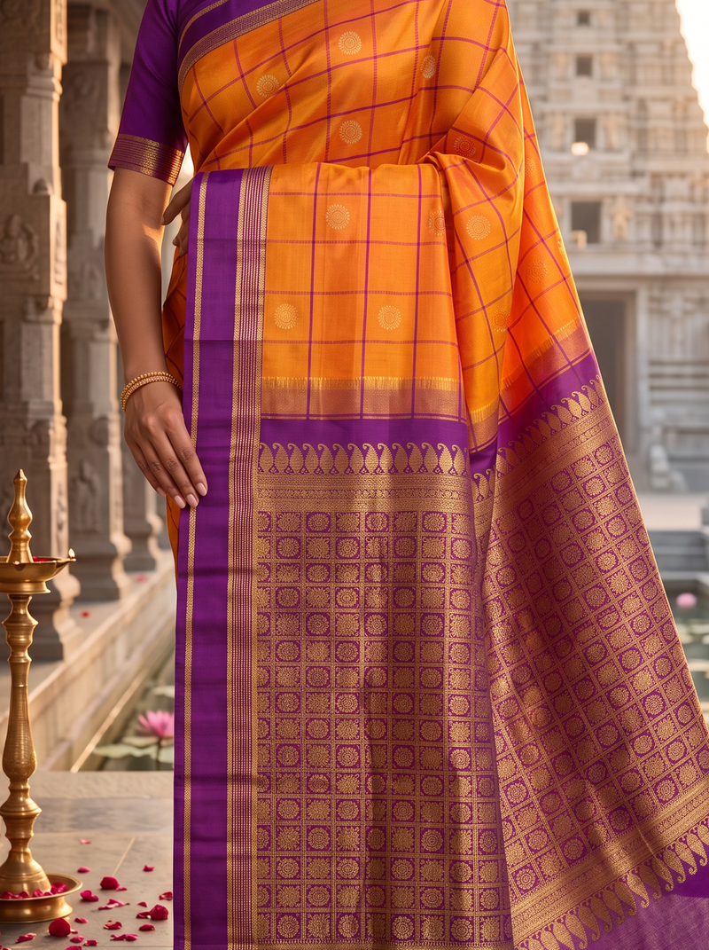 A Regal Celebration of Coins & Peacocks Motif – Pure Handloom Korvai Kanjivaram Silk