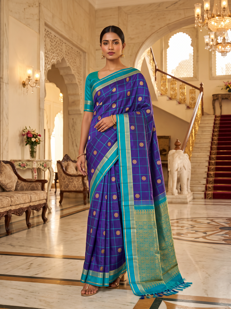 A Jewel-Toned Dance of Checks & Peacock Coins – Royal Blue & Turquoise Pure Korvai Kanjivaram Handloom Silk Saree