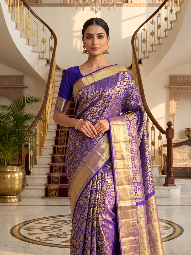 Pure Handloom Kanjivaram, Floral Brocade, Straight from Kanjivaram - Purple with Gold