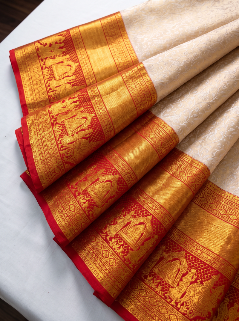 Kanjivaram - Cream with Red
