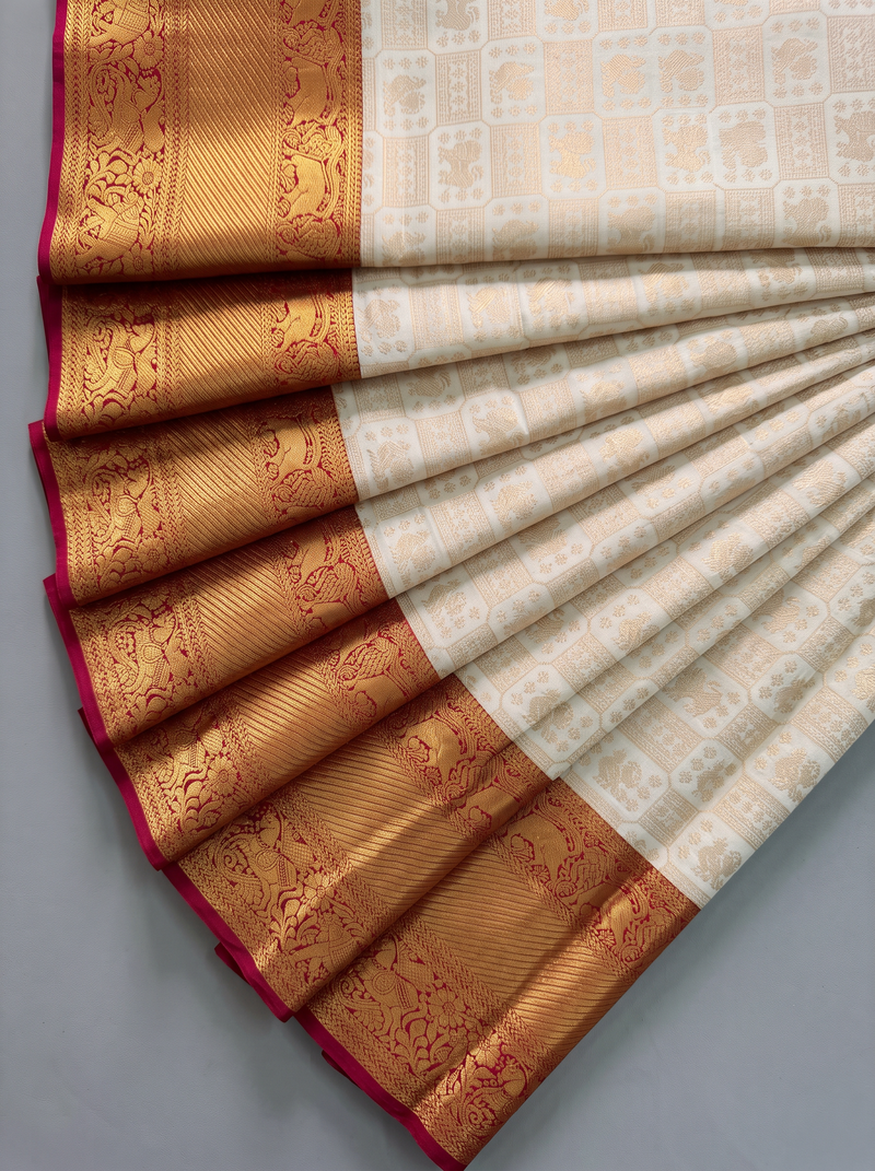 Pure Handloom Brocade Korvai Kanjibharam Silk Saree, Zari Brocade, Straight from Kanchipuram - Ivory with Red