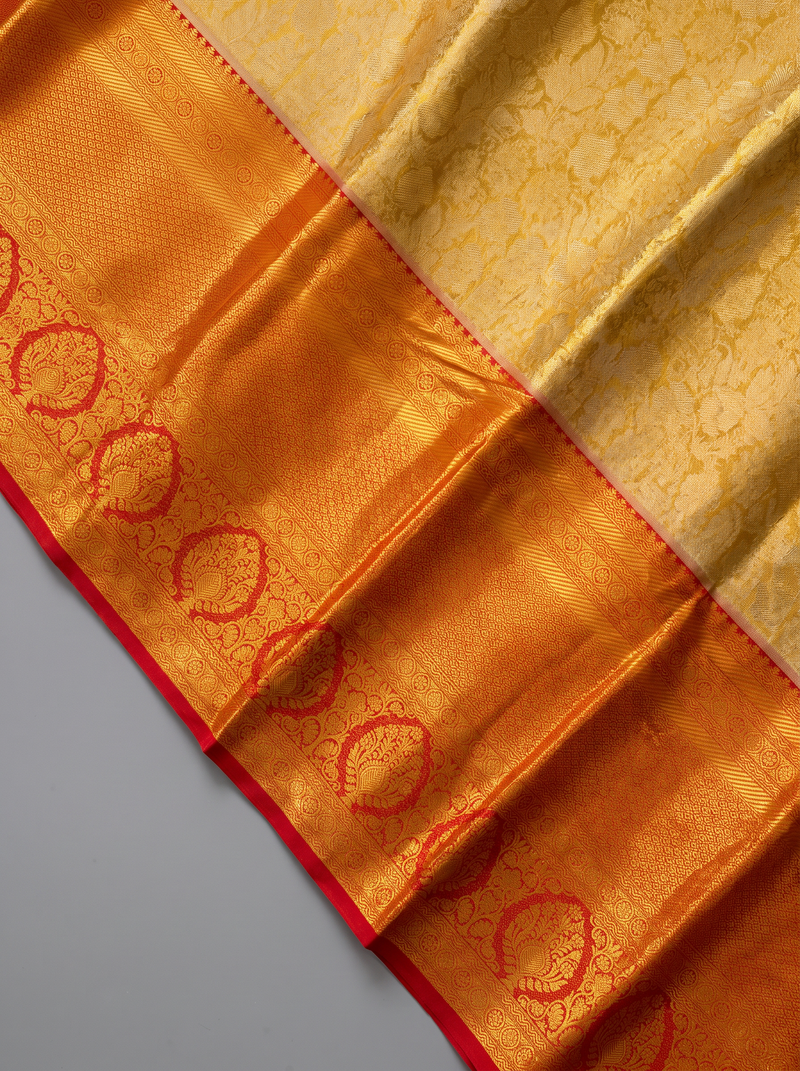 Pure Handloom Tissue Korvai Kanjivaram Silk Saree from Kanchipuram - Golden with Red