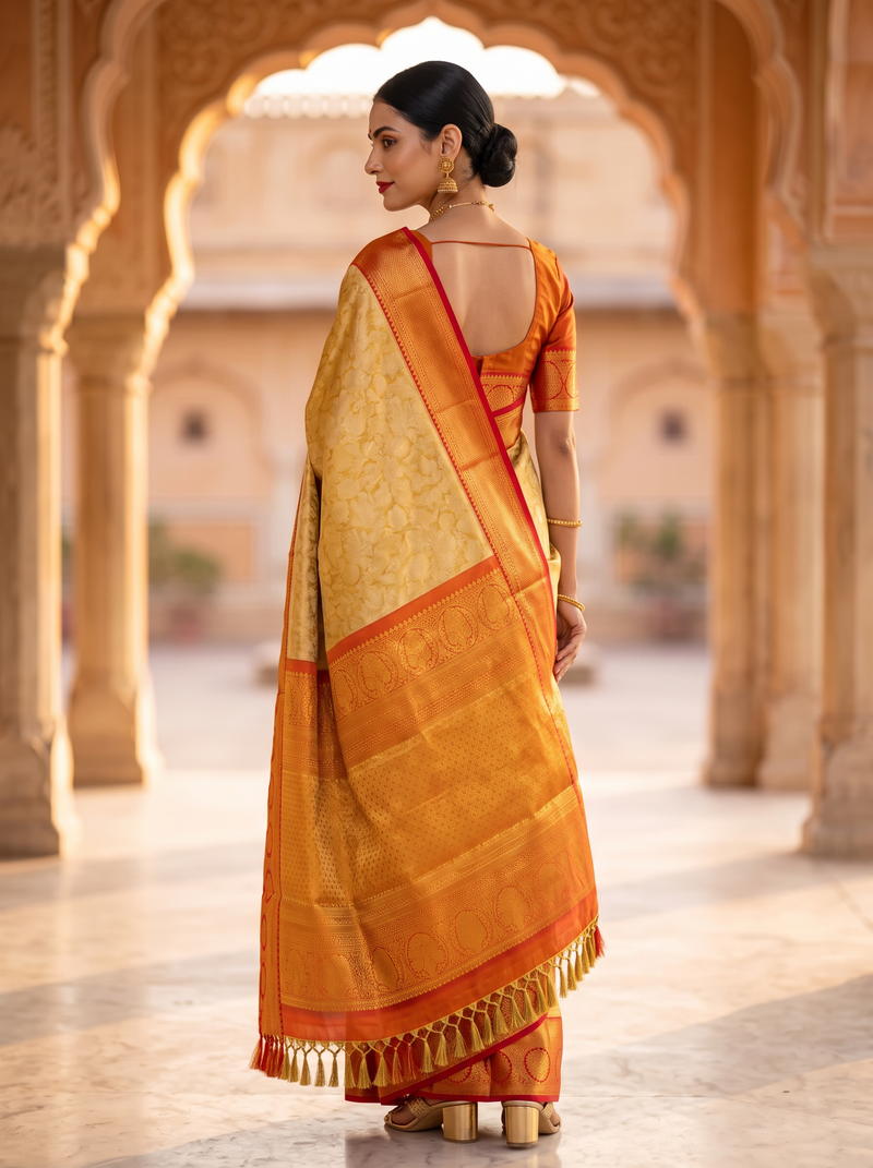Pure Handloom Tissue Korvai Kanjivaram Silk Saree from Kanchipuram - Golden with Red