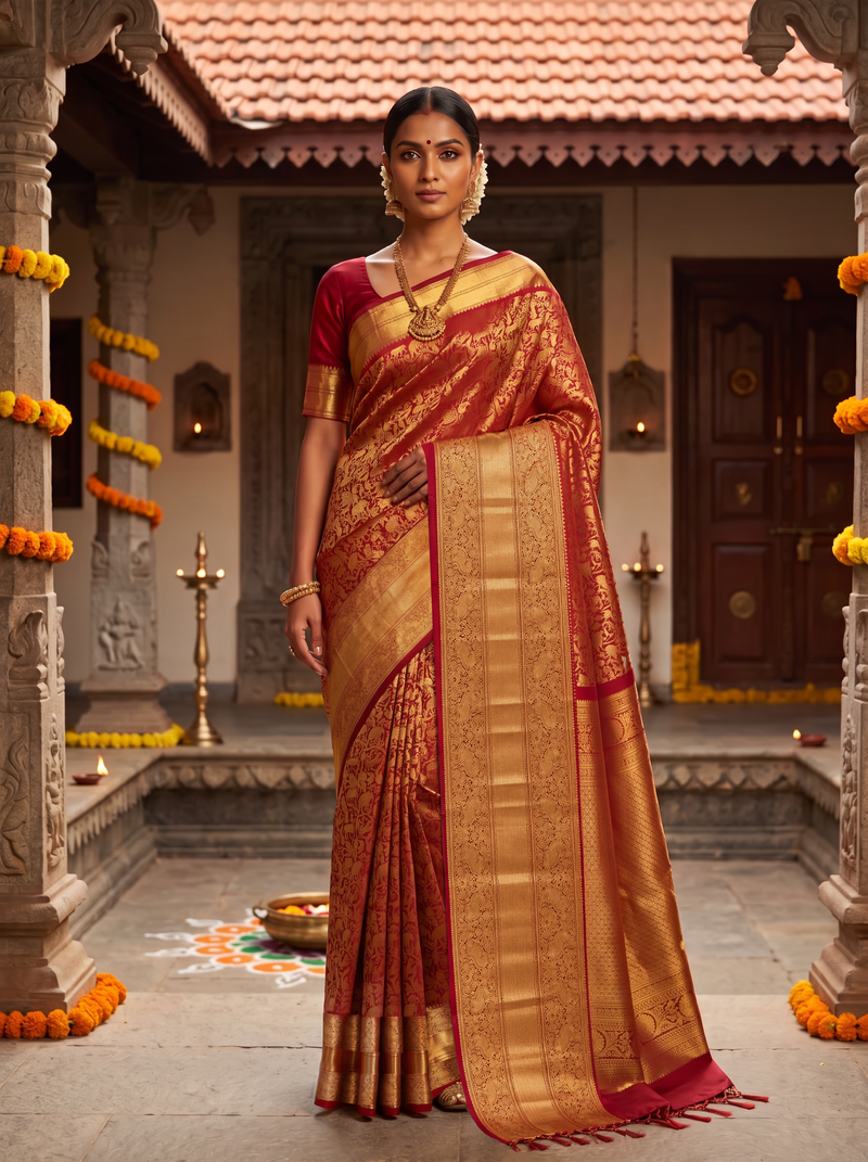 Pure Handloom Kanjivaram Silk, Shikharga Brocade Saree Straight from Kanchipuram - Red and Gold