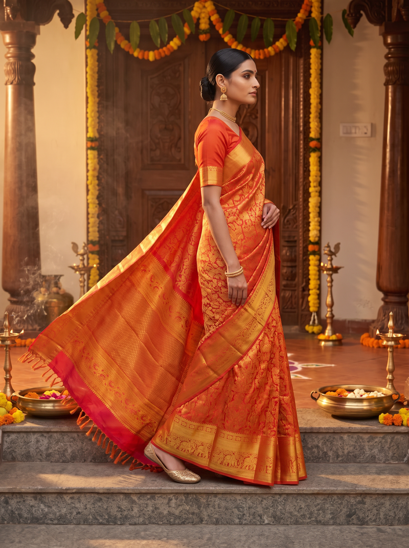Pure Kanjivaram Silk Saree, Pure Handloom, Brocade Zari, Straight from Kanchipuram - Rust Orange and Gold