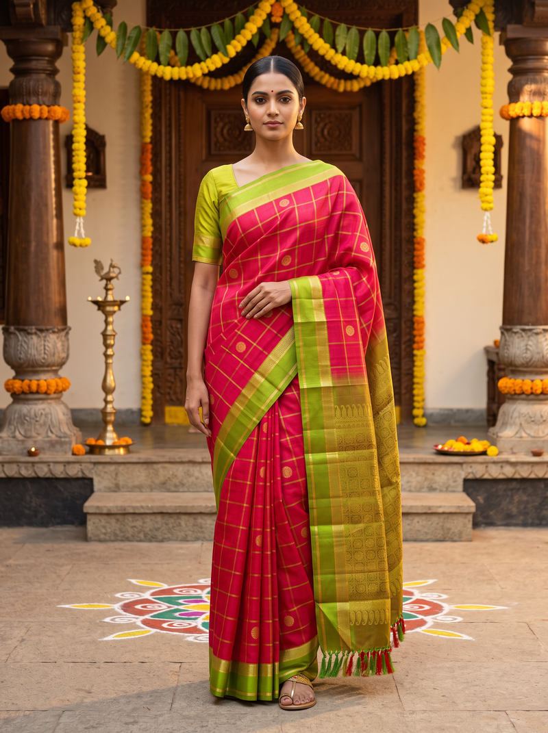 A Symphony of Coin & Checks – Coral Red & Parrot Green Pure Korvai Kanjivaram Handloom Silk Saree