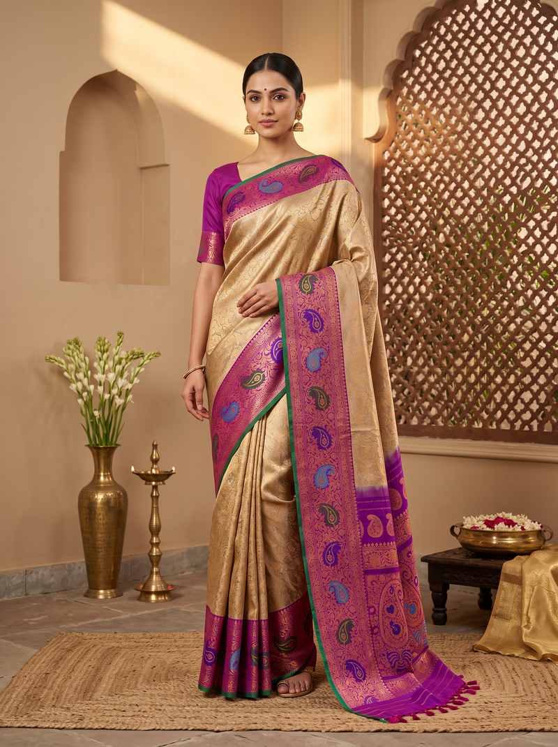 Golden dawn meets royal purple, bright with meenakari paisleys. Handloom Gadwal silk.