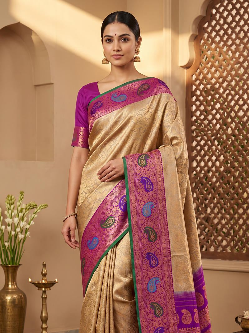 Golden dawn meets royal purple, bright with meenakari paisleys. Handloom Gadwal silk.