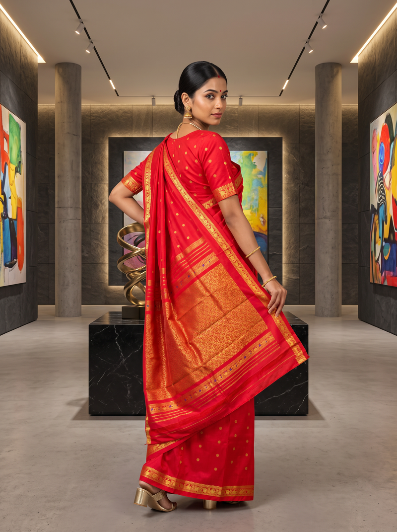 A timeless bridal red, glinting with gold. Handloom Gadwal silk with delicate buttis and a golden jaal border and pallu.