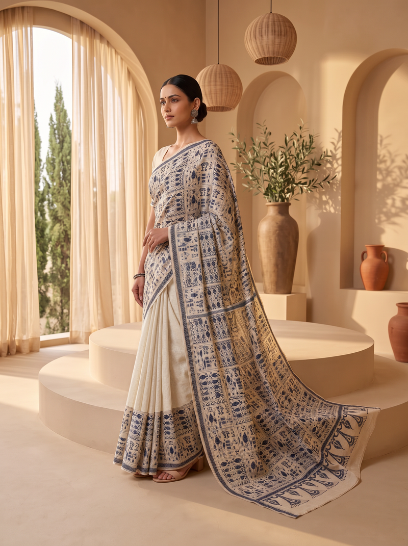Earthy ivory silk meets the deep drama of black thread. This pure Gachi Tussar carries elaborate hand-stitched Kantha, where light and shadow dance across every fold.