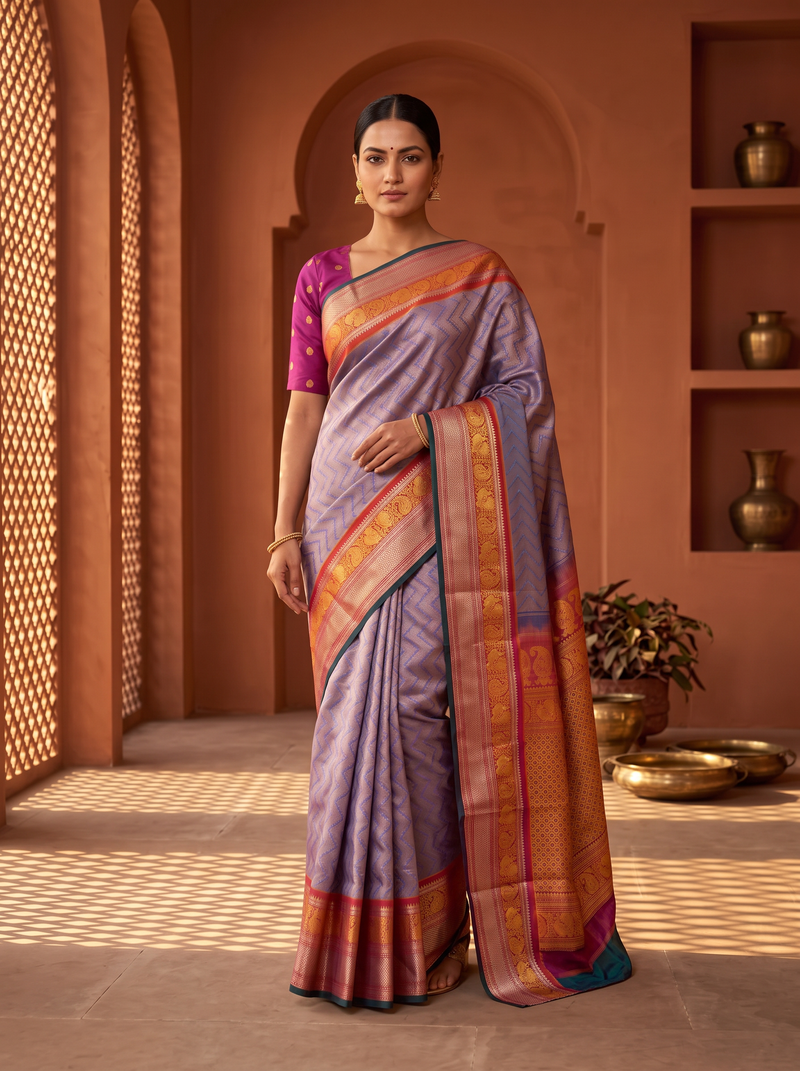 Lavender melting slowly into rust, like dusk settling over the hills. A brocade body framed by a Kanchi-style rust border, where gold peacocks and paisleys shimmer. Handloom Gadwal.