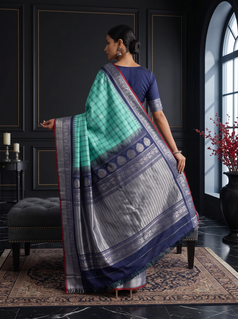 Like a lotus pond under moonlight, sea green silk shimmers with silver butas and fine checks, meeting navy depths and a silver tissue pallu full of zari blossoms. Handloom Gadwal.