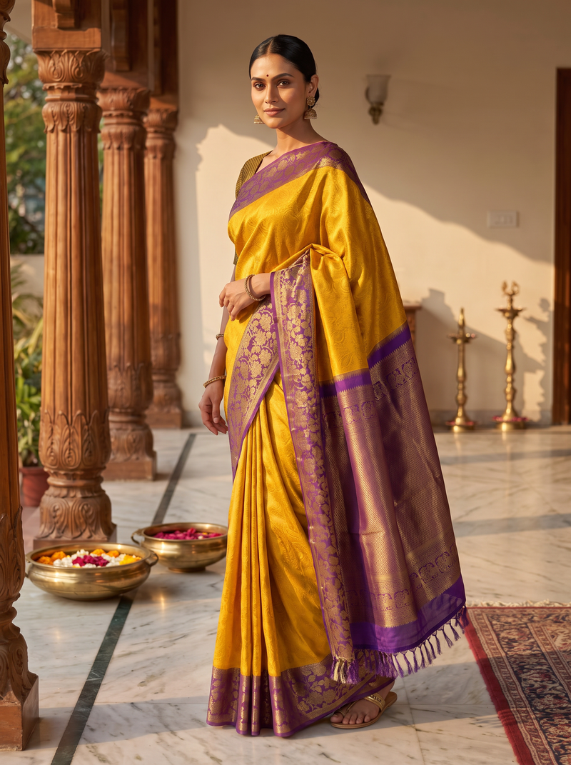 A Regal Poetry of Paisley & Silk – Pure Handloom Korvai Kanjivaram Silk Saree in Golden Yellow & Purple
