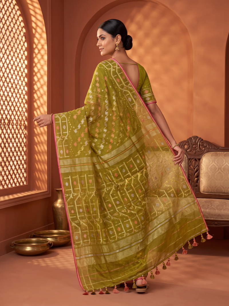 'Pallavi' Mehendi Green Cotton Dhakai Jamdani Handloom Saree