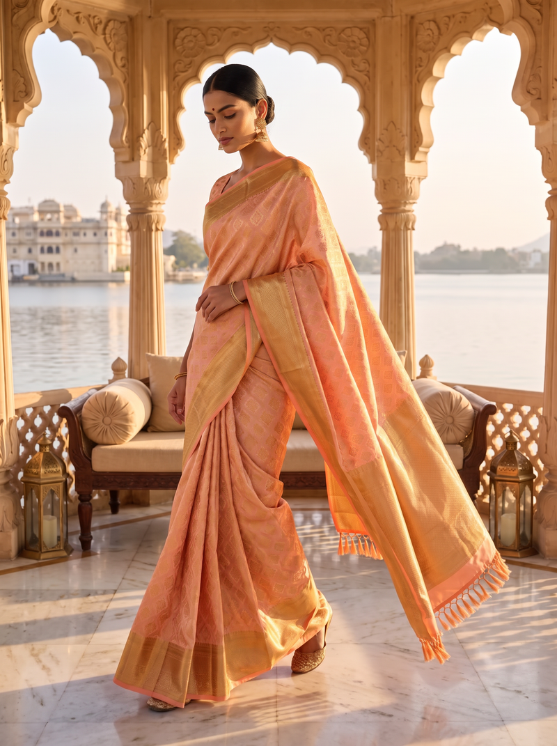 Kanjivaram Handloom Silk Saree in Brocade - Straight from Kanchipuram - Peach & Gold