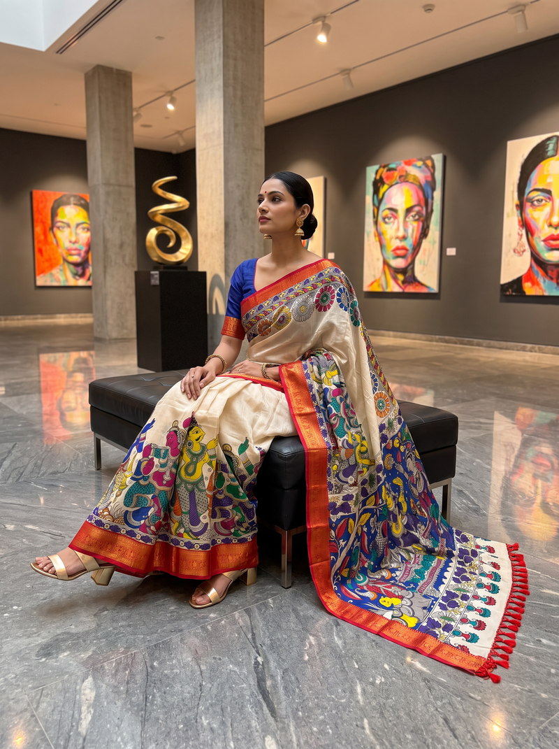 Kalahasti Kalamkari - Cream With Red