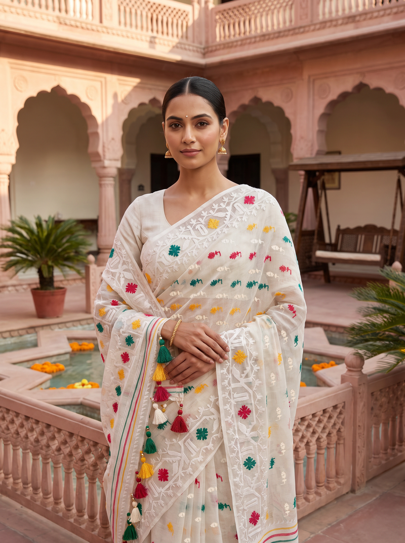 Ivory White Dhakai Jamdani adorned with vibrant Red, Green, and Yellow motifs, delicate white weaving, and subtle multicolored striped accents.