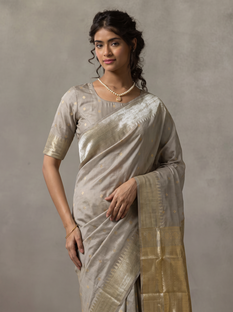 Soft as a winter morning, dove grey silk glints with tiny gold butas, and its tissue pallu glows like moonlight and sunlight woven together. Handloom Gadwal.