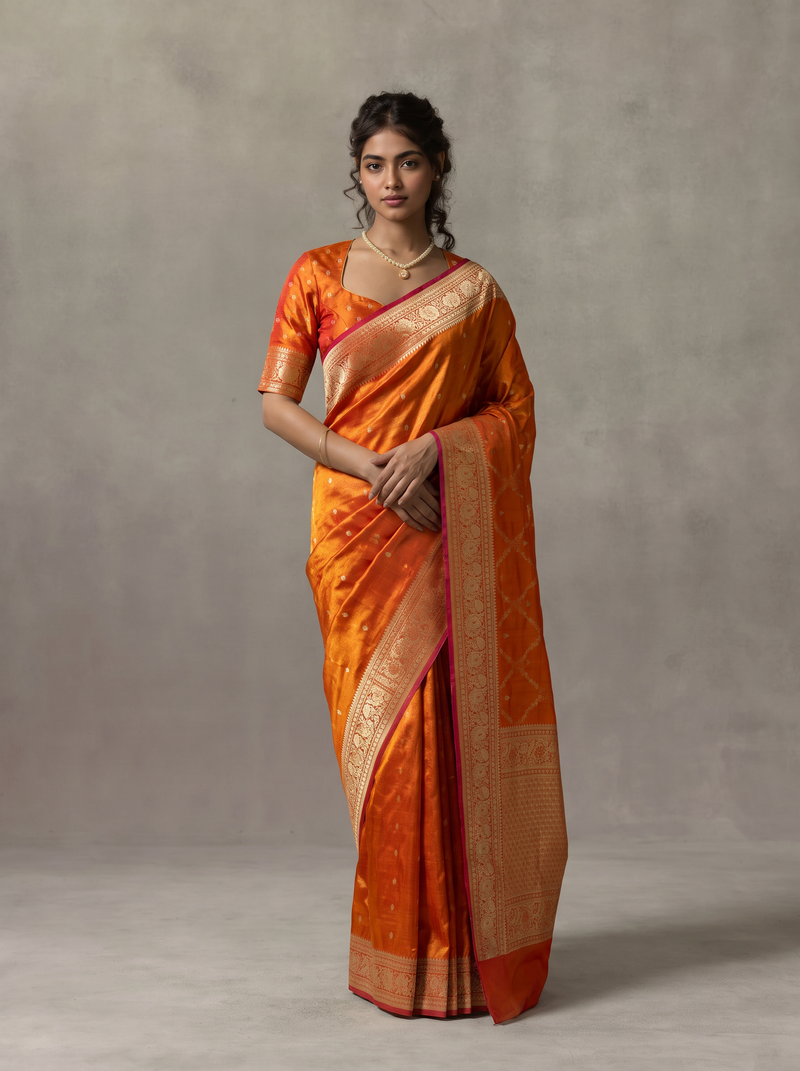 Like firelight caught in silk, orange-gold tissue glints with silver butas, while red peacocks guard the border and the golden pallu glows with lattice and a red fringe. Handloom Gadwal.