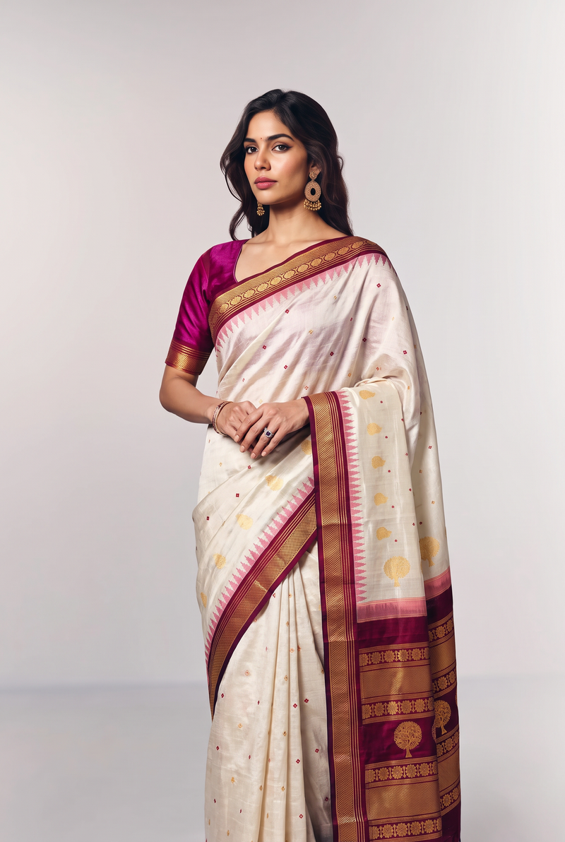 Gadwal - Silk Mark certified handloom Gadwal tissue silk in cream with red booti and golden thread tree butas. Its maroon border and pallu glow with thread-woven florals, entirely without zari.