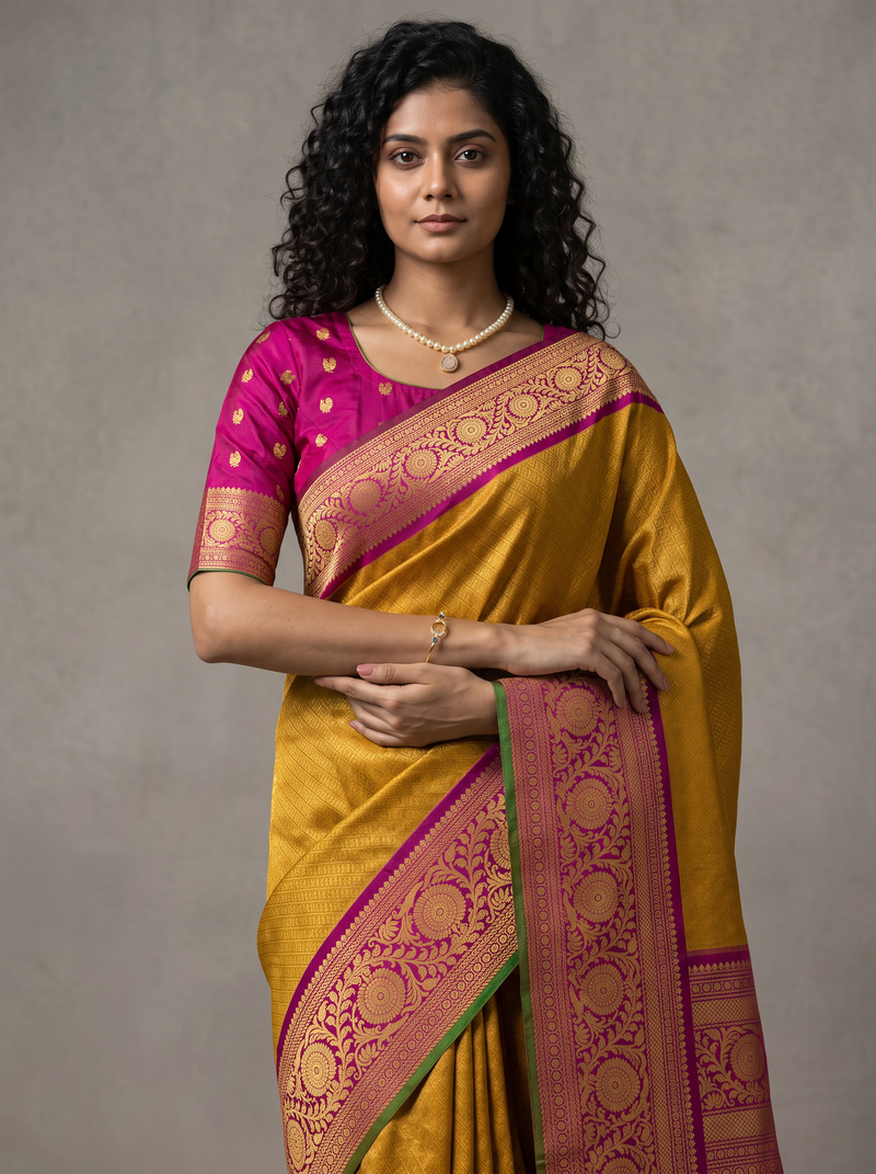 Mustard sunshine, magenta bloom, sacred gold between them. Handloom Gadwal silk.