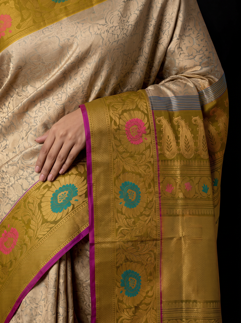 Silver-grey silk blooming with fine brocade, framed by an olive-gold border where paisleys and meenakari rosettes glow. Handloom Gadwal.