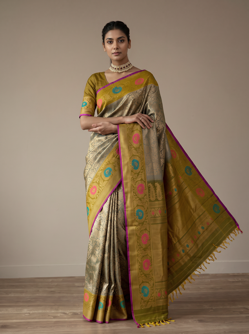 Silver-grey silk blooming with fine brocade, framed by an olive-gold border where paisleys and meenakari rosettes glow. Handloom Gadwal.