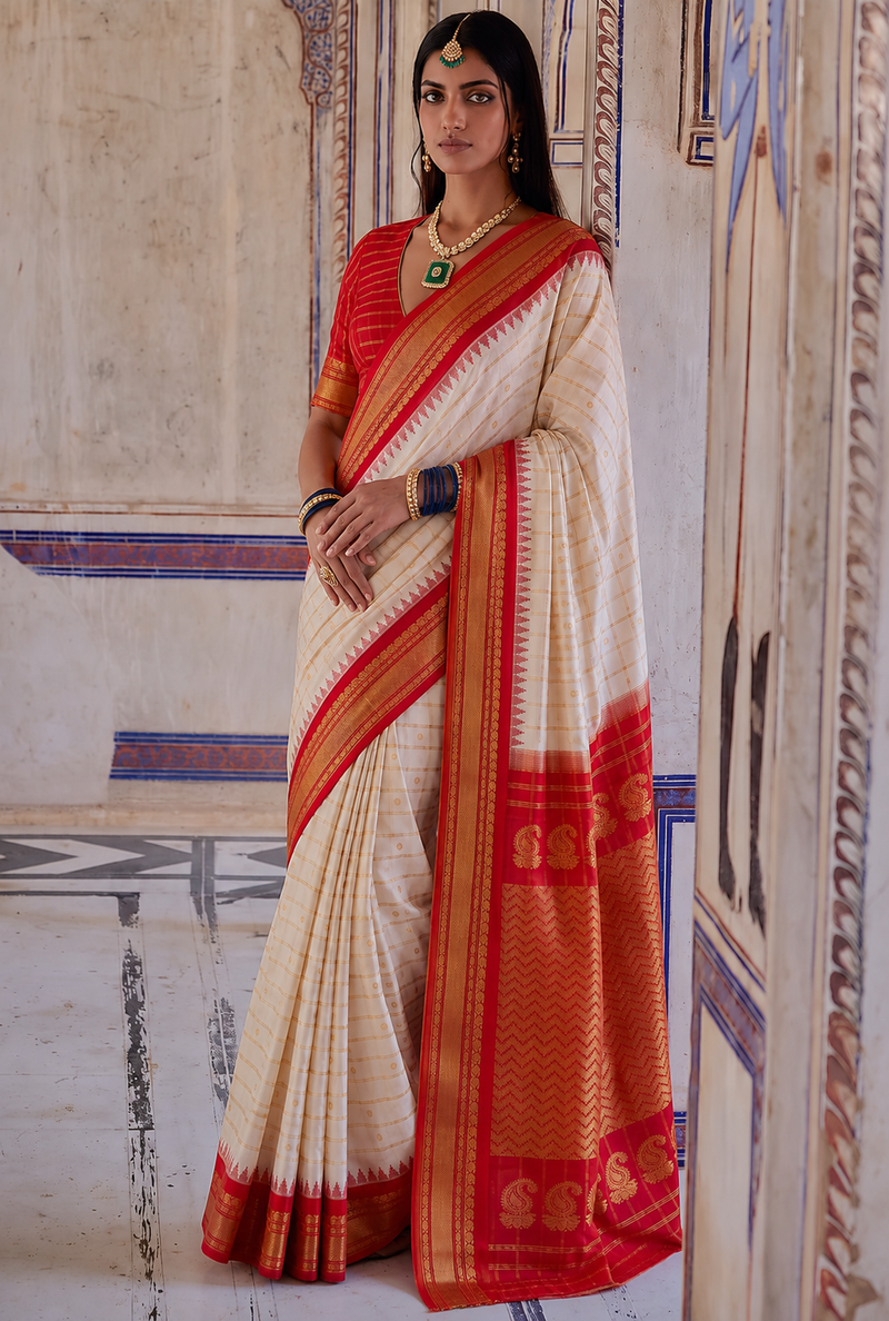 Calm ivory checks meet the fire of red and maroon, finished in waves of golden chevrons. Handloom Gadwal silk.