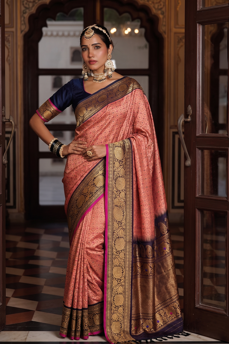 Gadwal -Silk Mark certified handloom Gadwal silk in soft peach diamond brocade with meenakari accents. Its aubergine Kanchi-style border and pallu glow with gold paisleys and meenakari peacocks.