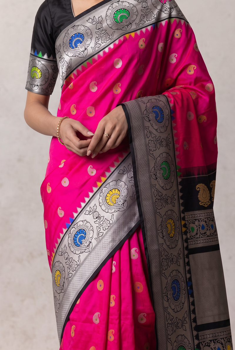 Fuchsia fire, black night, silver bloom. Silk Mark certified handloom Gadwal.
