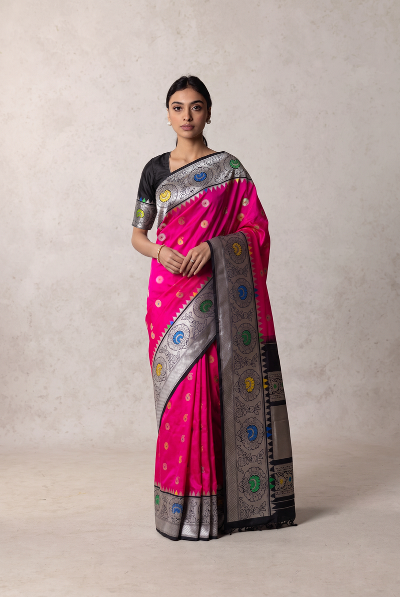 Fuchsia fire, black night, silver bloom. Silk Mark certified handloom Gadwal.
