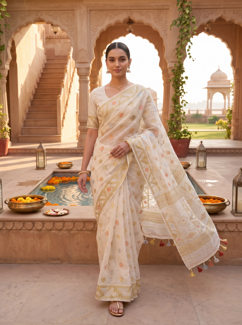 An Ethereal Canvas of Ivory and Gold — Dhakai Jamdani in Delicate Color