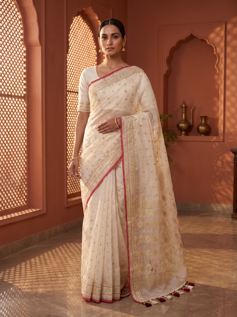 Ivory Grace with a Touch of Crimson — Dhakai Jamdani in Timeless Simplicity