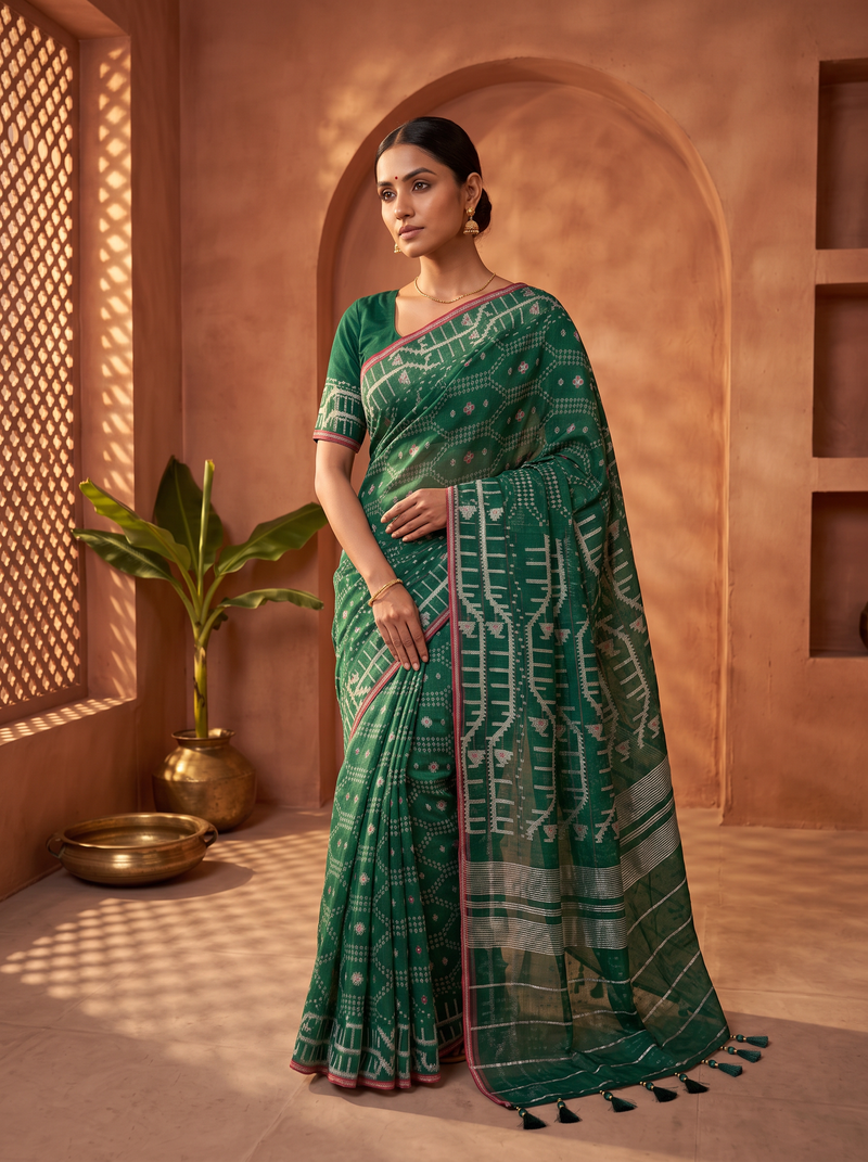 An Emerald Rhythm — Dhakai Jamdani Woven in Waves and Florals
