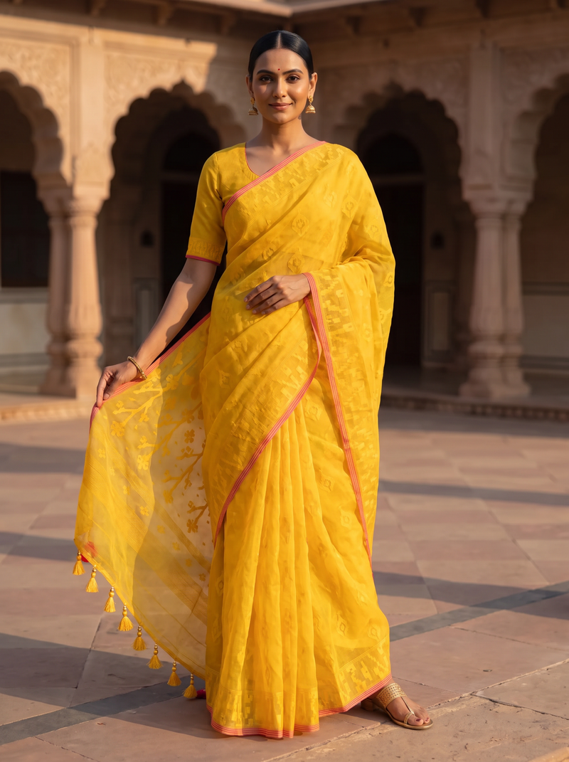A Golden Whisper of Bangladesh — Golden Yellow Dhakai Jamdani Framed with a Delicate Red Border
