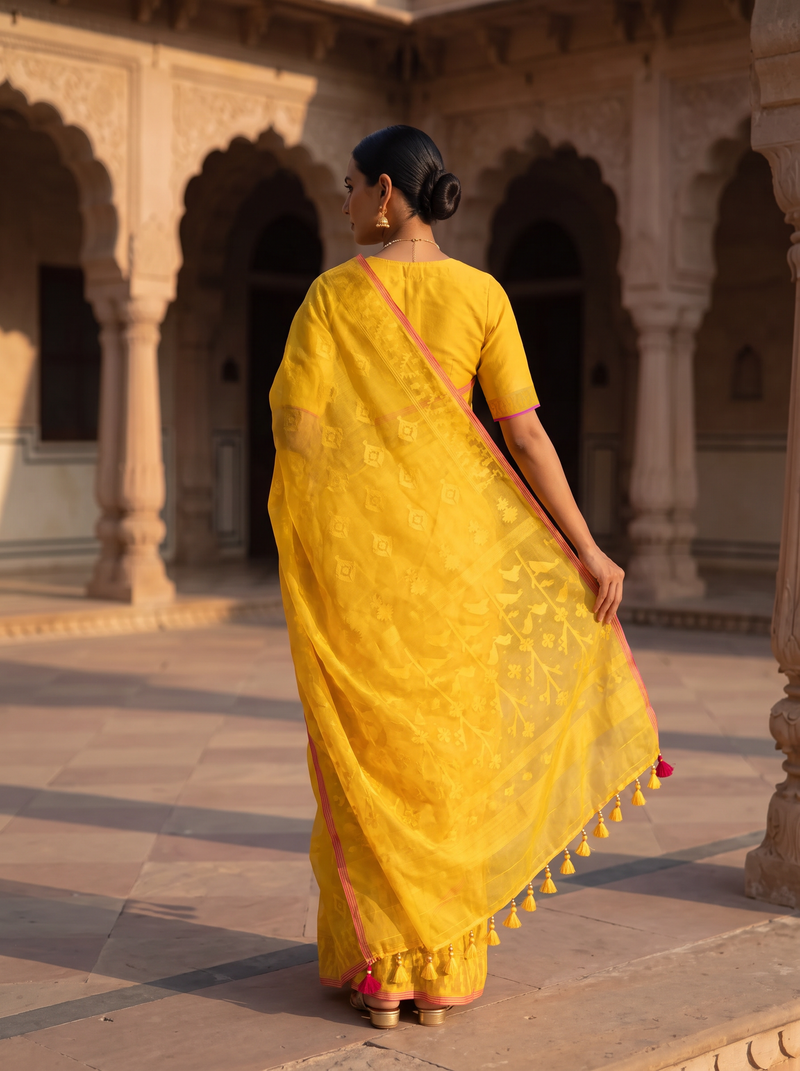A Golden Whisper of Bangladesh — Golden Yellow Dhakai Jamdani Framed with a Delicate Red Border
