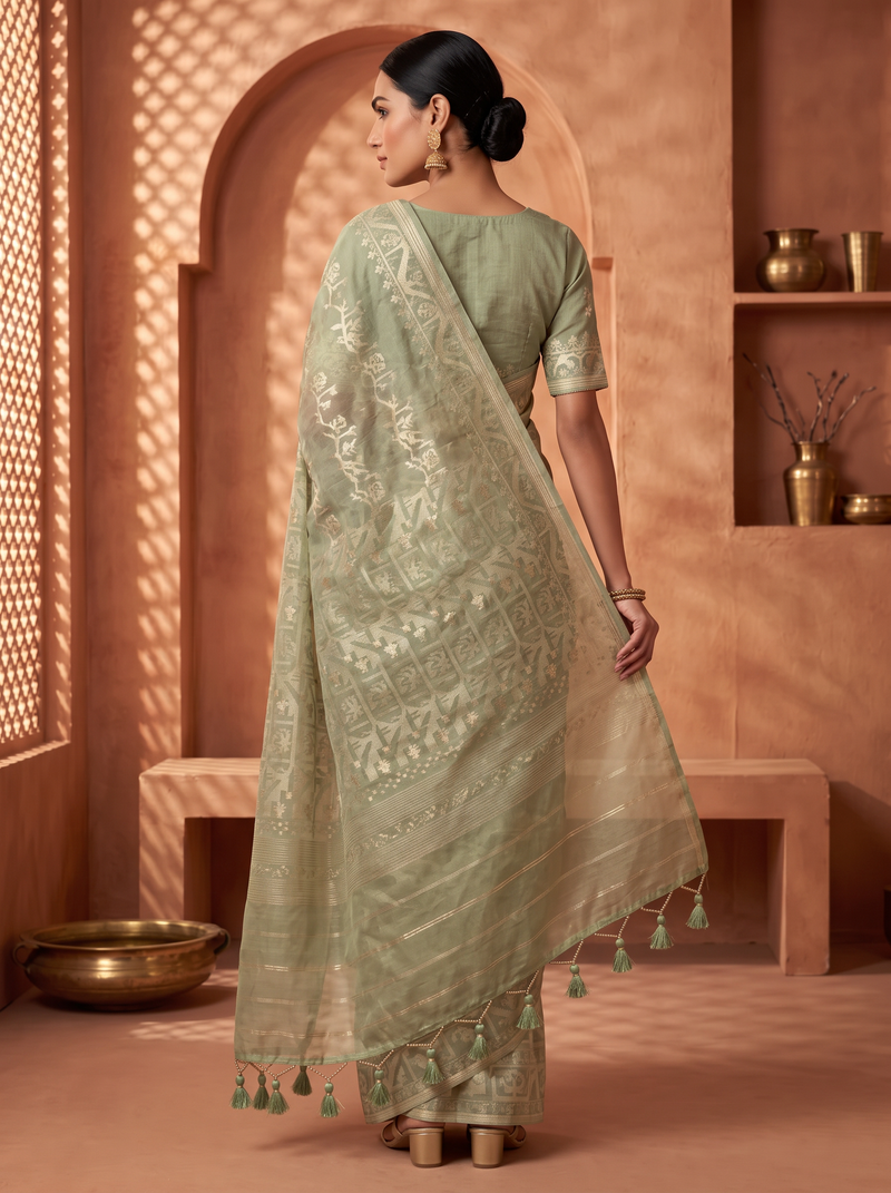 A Garden Woven in Sage — Dhakai Jamdani Where Florals Meet Geometry