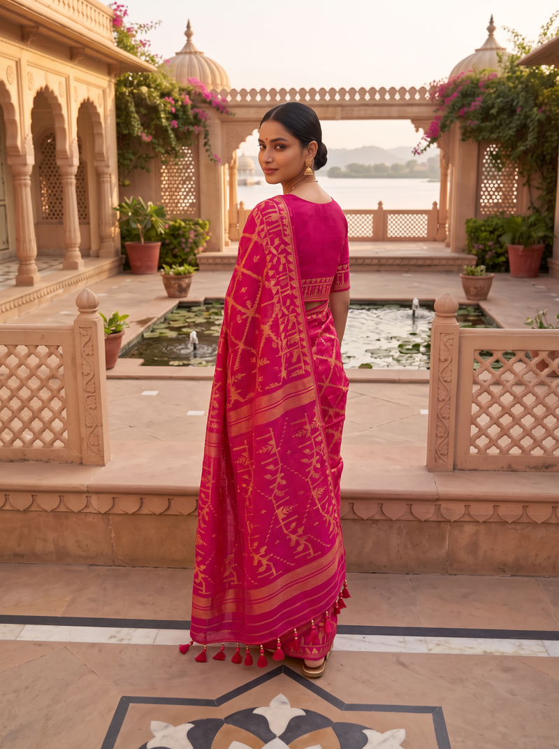 A Poetic Celebration of Dhakai Jamdani — Vibrant Fuchsia Pink Woven with Luminous Gold, Blush, Peach & Silver