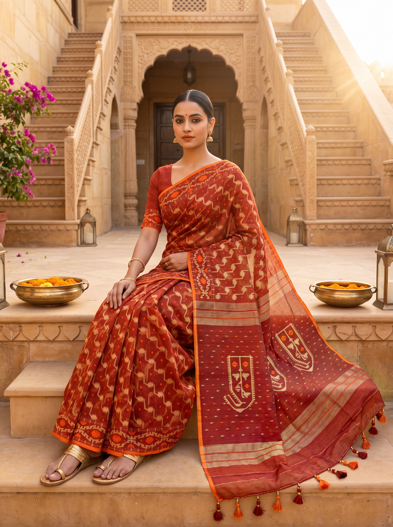 A Timeless Celebration of Dhakai Jamdani — Rich Burnt Rust Illuminated with Silver Zari & Warm Orange Accents