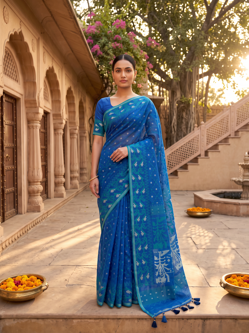A Symphony in Sapphire and Teal — Dhakai Jamdani Woven in Timeless Geometry