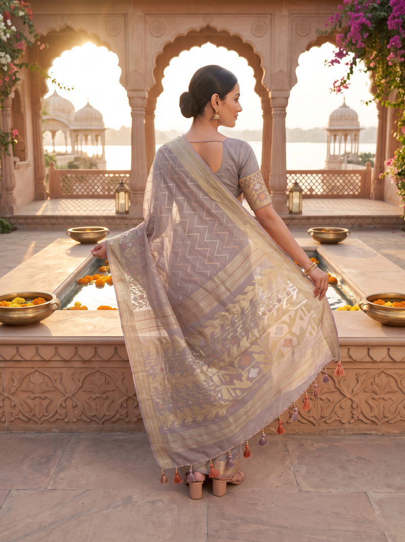A Symphony of Geometry and Grace — Mauve-Brown Dhakai Jamdani Illuminated with Antique Gold, Silver-White & Burnt Orange