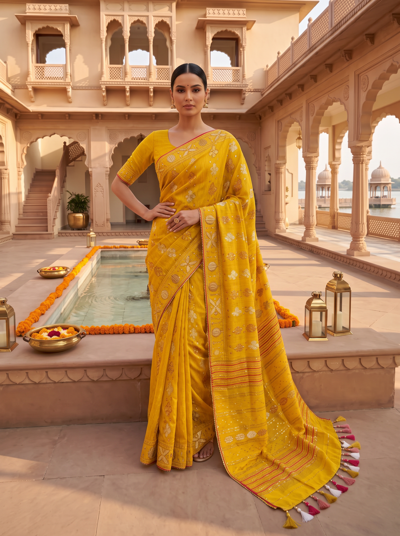 A Golden Glow in Mustard — Cutdana Dhakai Jamdani Where Weave Meets Sparkle