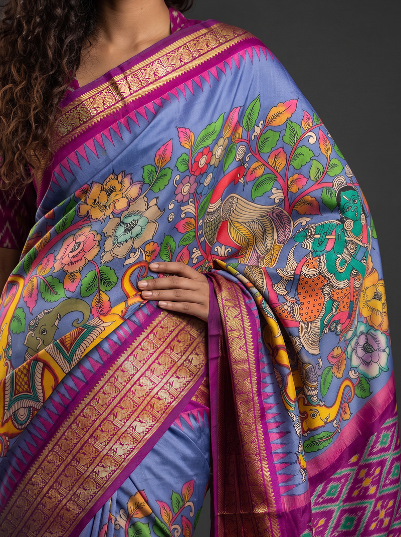 A Majestic Celebration of Elephants, Horses & Divine Peacock in Srikalahasthi Kalamkari Ikkat Silk - Blue With Pink